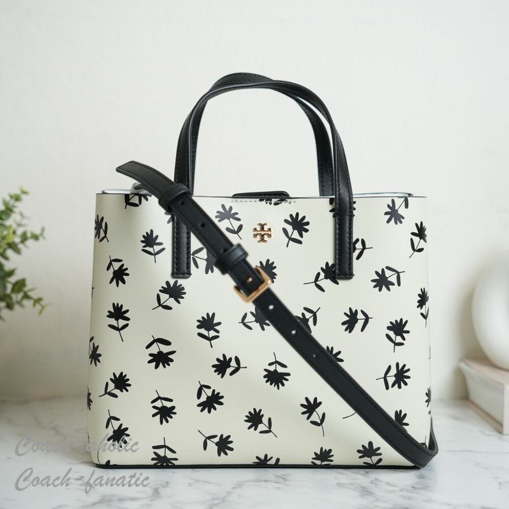 Tory Burch Blake Printed Small Leather Tote in Black Scatter Daisy Floral NWT